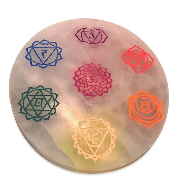Disco de Selenita con los 7 Chakras